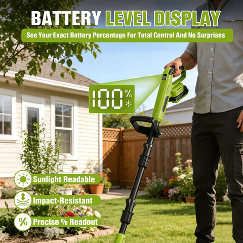 Close-up of battery level display on 20V Cordless Tiller With Two Batteries, Feather-Light Rototiller For Seniors, 360 RPM High Torque Cultivator