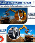 Image showing before and after use of One Quarter Inch Inner Diameter Hydraulic Hose Field Ready Repair Kit with reusable steel fittings.