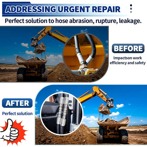 Image showing before and after use of One Quarter Inch Inner Diameter Hydraulic Hose Field Ready Repair Kit with reusable steel fittings.