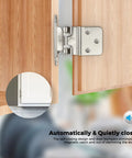 Heavy Duty Satin Nickel Self Closing Cabinet Hinges, 3/8 Inch Overlay, 50 Pack With All Included Mounting Screws And Quiet Bumpers on a cabinet door.