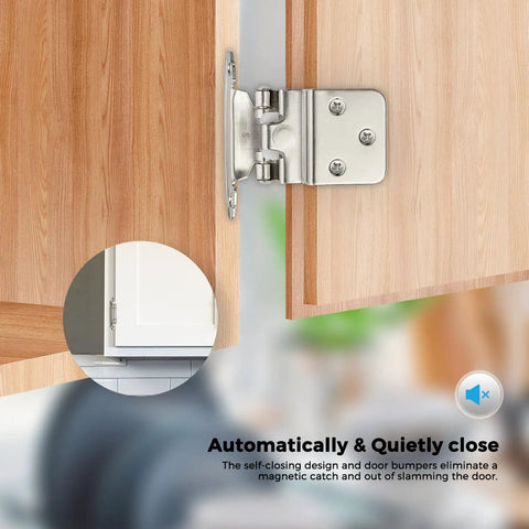 Heavy Duty Satin Nickel Self Closing Cabinet Hinges, 3/8 Inch Overlay, 50 Pack With All Included Mounting Screws And Quiet Bumpers on a cabinet door.