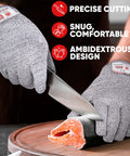 Ambidextrous Cut Resistant Gloves Set Of 8, Level 5 EN388 Certified, in use for precise kitchen knife work, slicing salmon