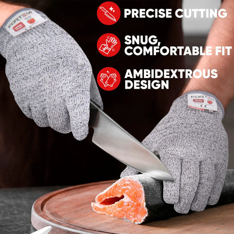 Ambidextrous Cut Resistant Gloves Set Of 8, Level 5 EN388 Certified, in use for precise kitchen knife work, slicing salmon