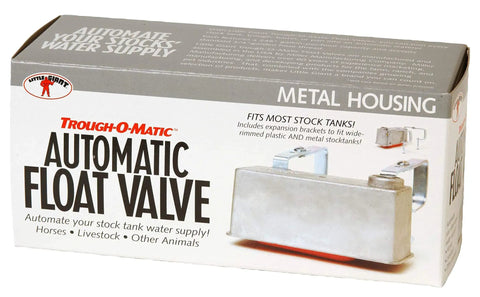 Trough-O-Matic Stock Water Tank Float Valve With Aluminum Housing And Expansion Brackets A Real Workhorse For Plastic Or Metal Tanks Auto Water Level Control Flows Up To 245 GPH 20 To 50 PSI Accepts Standard Three Quarters Inch Garden Hose Made In USA, boxed