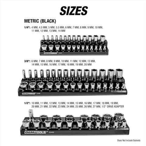 Magnetic Metric Socket Organizer Set For Toolboxes And Rolling Carts 3 Piece Socket Holder Tray displaying various metric sizes