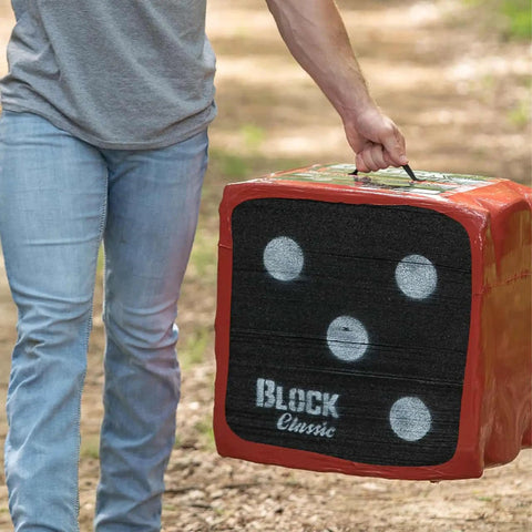Classic Layered Foam Archery Target 22 Inch By 22 Inch Two Sided Shooting Target With Open Layer Design Stops Arrows With Friction Not Force Easy Arrow Removal Beefy Top Carry Handle being carried by a person in outdoor setting.