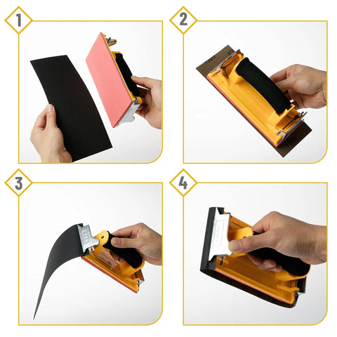 Steps showing assembly of Pro Grade Sandpaper Set With Handle, 36 Sheets, waterproof silicon carbide for wet and dry sanding.