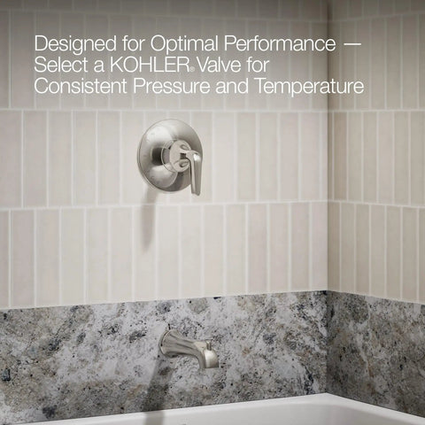 Matte Black Tub And Shower Faucet With Rite Temp Technology, Durable Brass Construction installed in tiled bathroom wall