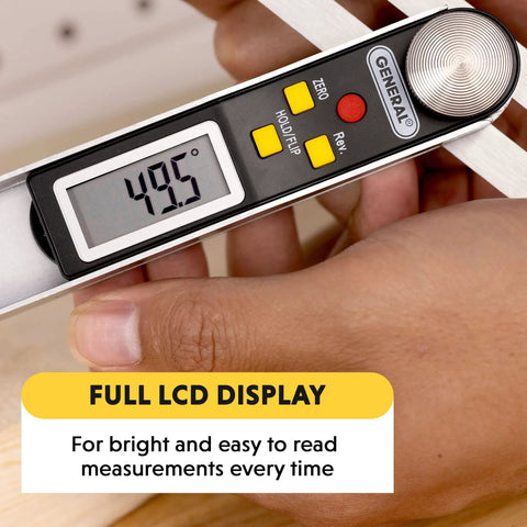 T Bevel Gauge And Protractor Digital Angle Finder with Full LCD Display showing 49.5, 8 Inch Stainless Steel Blade for Woodworking.