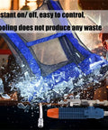 Industrial Cooling Vest Powered By Filtered Compressed Air For Welders And Construction Crews Kick Heat To The Curb And Stay Fresh On Site Without Batteries Or Power Cords Heavy Duty Fabric Keeps You Chill On Hot Work Zones featuring a blue nylon mesh design with hose connection.