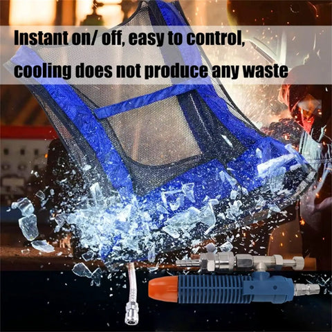 Industrial Cooling Vest Powered By Filtered Compressed Air For Welders And Construction Crews Kick Heat To The Curb And Stay Fresh On Site Without Batteries Or Power Cords Heavy Duty Fabric Keeps You Chill On Hot Work Zones featuring a blue nylon mesh design with hose connection.