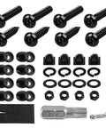 Heavy Duty Anti Theft License Plate Screws Kit Featuring Hella Tight Rustproof Stainless Steel Bolts and Tamper Proof M6 Fastener Caps.