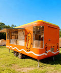 Kickstart Your Street Food Hustle With This Commercial Grade Mobile Food Truck Trailer Equipped With Full Stainless Steel Prep Areas And Durable Construction For Hot Dog Coffee Ice Cream Vending, orange exterior with hot dog graphic.