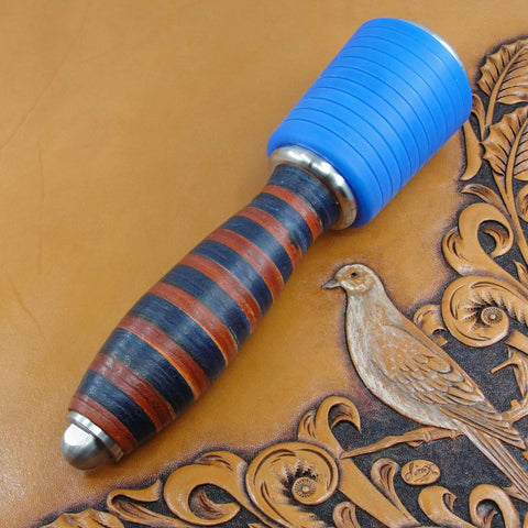 Professional Leather Tooling Maul With Tough Nylon Head And Real Veg Tan Leather Handle Stainless Steel Hardware on embossed leather.
