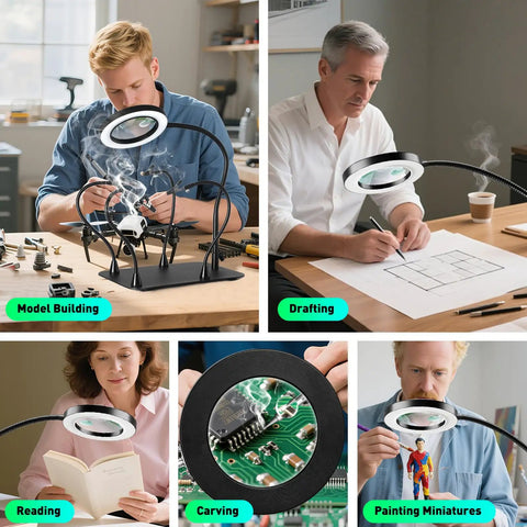 Dual 5X And 10X Magnifying Desk Lamp With Light, showing use in model building, drafting, reading, carving, and painting miniatures.