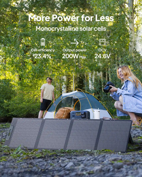 Portable Solar Generator Kit with 2304Wh LFP Battery, 200W Foldable Solar Panel set up near a tent in a forested campsite