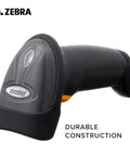 Beefy Corded Handheld Barcode Scanner Kit With Gooseneck Stand And USB Cable Twilight Black LS2208 close-up.