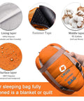Warm Weather Sleeping Bag For Outdoors Portable Waterproof And Lightweight With Compression Sack Ultra Comfortable For Camping Backpacking And Hiking 83 X 30 Inches Fits Adults Orange showing layers and features
