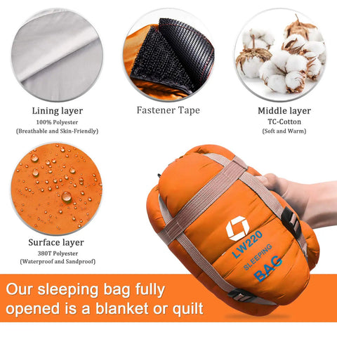 Warm Weather Sleeping Bag For Outdoors Portable Waterproof And Lightweight With Compression Sack Ultra Comfortable For Camping Backpacking And Hiking 83 X 30 Inches Fits Adults Orange showing layers and features