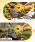 Person using Cordless 20V Tiller Cultivator For Gardening on soil, showing ergonomic grip and lightweight design with battery.