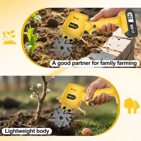 Person using Cordless 20V Tiller Cultivator For Gardening on soil, showing ergonomic grip and lightweight design with battery.