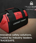 Heavy Duty Lockout Tagout Bag, Large LOTO Tool Organizer in red and black polyester canvas, ideal for industrial jobs.