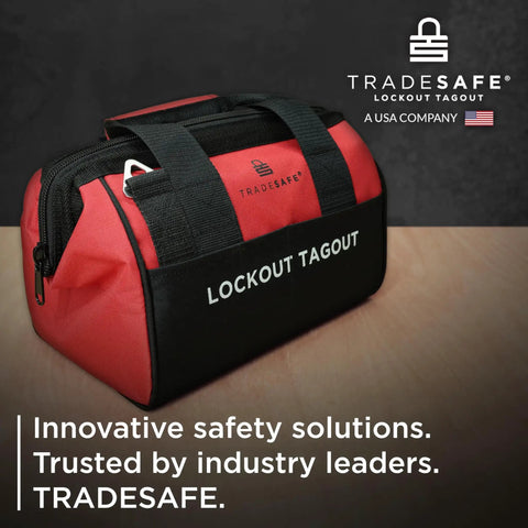 Heavy Duty Lockout Tagout Bag, Large LOTO Tool Organizer in red and black polyester canvas, ideal for industrial jobs.