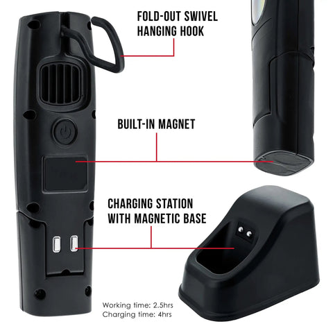 LED Color Matching Light 500 Lumen Handheld Work Tool For Exact Paint Color Match, Replicates Natural Sunlight For Perfect Finish, 3 Color Temperatures, Rechargeable Bodyshop Repair Spotlight showing fold-out hook, magnet, charging station.