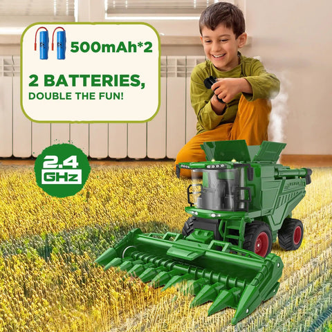 Child playing with Remote Control Combine Harvester Tractor Toy With Moving Corn Head RC Farm Tractor For Kids 3 Plus Light Sound Spray Effects One Twenty Fourth Scale Farm Toy Totally Perfect Christmas Birthday Gift on floor, showing battery details in image.