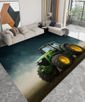 Interior view with Cozy 5x6 Foot Non Slip Area Rug With Soft Plush Texture, Machine Washable Dark Green Carpet, featuring tractor design