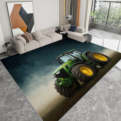 Interior view with Cozy 5x6 Foot Non Slip Area Rug With Soft Plush Texture, Machine Washable Dark Green Carpet, featuring tractor design