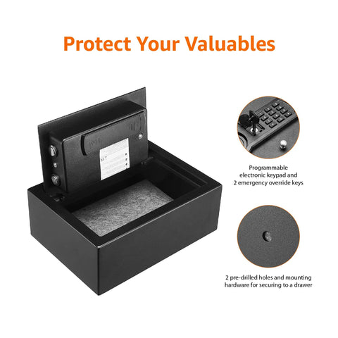 Slim Desk Drawer Safe With Programmable Electronic Keypad For Quick Access Locks It Down In A Drawer One Tenth Cu Ft Capacity Black