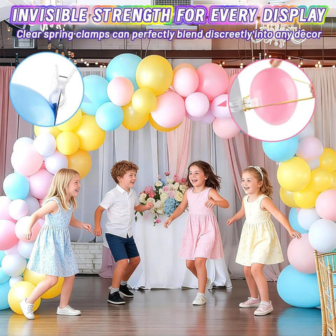 Children playing under a multicolor balloon arch using the 20-Piece Balloon Arch Clips And 100 Multicolor Balloons Kit For Easy Party Decor And No Fuss Setup.