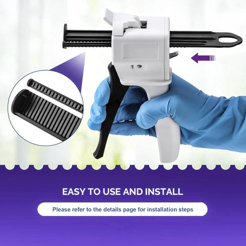 Top Rack 2 Pack Manual Dispensing Gun, 50ml Cartridge Base shown with trigger and installation detail for precise adhesive use.