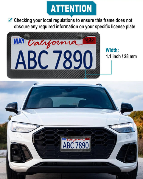 Legit Real Carbon Fiber License Plate Frame With Glossy 3D Twill Finish For Cars And Trucks on a vehicle with California plate.