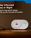 Top Shelf Carbon Monoxide Detector With Ten Year Battery Backup And Loud Eighty Five Decibel Alert For Worry Free Home Safety Monitoring And Quick Low Level Hazard Scan Shield on a table with a backlit display.