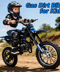 Kick Off The Good Times With This Killer 50cc Kids Dirt Bike Gas Powered 2 Stroke mini motorbike Hitting Up To 35 Mph For Epic Adrenaline Rides And Ultimate Fun, child riding dark blue gas dirt bike.