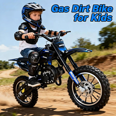 Kick Off The Good Times With This Killer 50cc Kids Dirt Bike Gas Powered 2 Stroke mini motorbike Hitting Up To 35 Mph For Epic Adrenaline Rides And Ultimate Fun, child riding dark blue gas dirt bike.