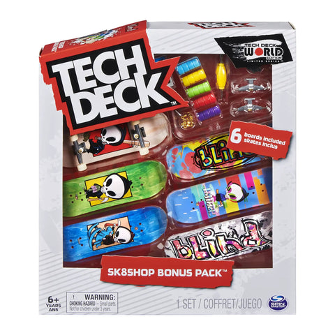 Fingerboard Bonus Pack With Six Real Graphic Mini Skateboards, Customizable Set shown with decks, wheels, and tools in box.