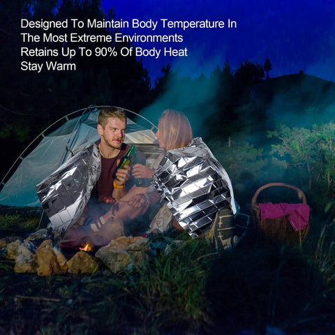 Couple using 9 Pack Emergency Blankets For Outdoor Survival Gear, Mylar Thermal Space Blankets With Insulation by campfire