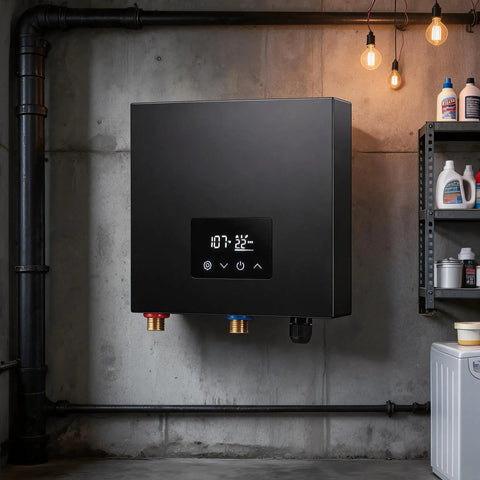 Heavy Duty 27Kw Tankless Water Heater Pumps Out Instant Whole Home Hot Water With Smart Self Regulating Tech mounted on wall.