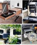 Outdoor vehicle setups with full extension drawer slides beefy heavy duty locking runners, including kitchen and storage modules.