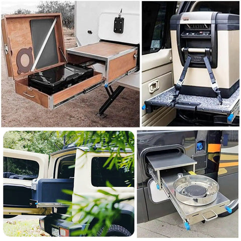 Outdoor vehicle setups with full extension drawer slides beefy heavy duty locking runners, including kitchen and storage modules.