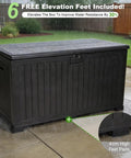 Heavy Duty 270 Gallon Outdoor Storage Box With Solid Locking Lid, Built Like A Tank For Rain Or Shine, Resin Deck Crate For Patios Yards And Pools, Keeps Cushions Locked Down Tight In Black in rain with elevation feet.