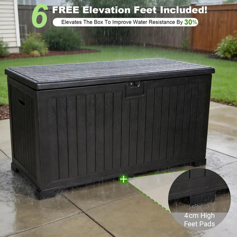 Heavy Duty 270 Gallon Outdoor Storage Box With Solid Locking Lid, Built Like A Tank For Rain Or Shine, Resin Deck Crate For Patios Yards And Pools, Keeps Cushions Locked Down Tight In Black in rain with elevation feet.
