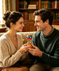 Couple holding Totally Vintage Enamel Hot Air Balloon Jewelry Box With Rhinestones, colorful decorative piece in living room.