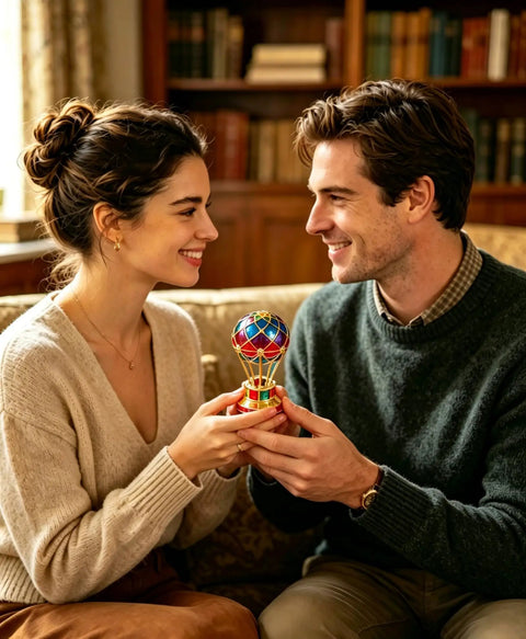 Couple holding Totally Vintage Enamel Hot Air Balloon Jewelry Box With Rhinestones, colorful decorative piece in living room.