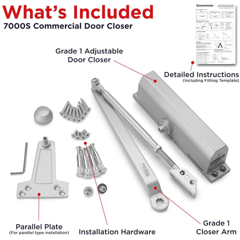 Medium Duty Commercial Door Closer Built Different For Busy Retail Entrances Featuring Smooth Operator Self Closing Hinge Assembly With Zero Slam Nonsense Ul Listed Grade One Size Two Five Silver showing installation hardware and components.