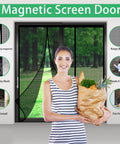 Heavy Duty Magnetic Screen Door With Self Sealing Magnets Hands Free Insect Shield For Patio And Bedroom Sliding Doors Up To 60 By 80 Inches Durable Fiberglass Mesh Black with person holding groceries