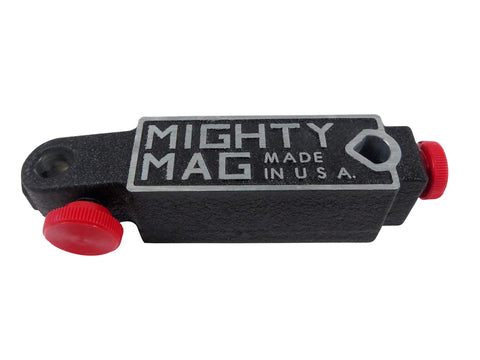Mighty Mag magnetic base for calipers, black metal block with red adjustment knobs, USA-made (side view)